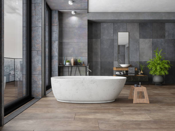 Bathroom tile dark flooring with bath tub | Brooks Flooring Services Inc