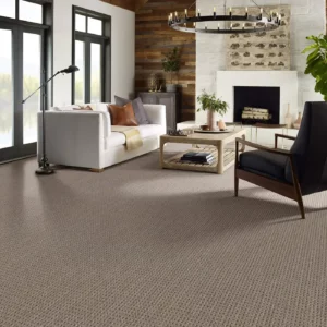 Brown Textured Shaw Floors carpet in rustic living room | Brooks Flooring Services Inc
