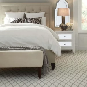 White and gray patterned carpet in a bedroom | Brooks Flooring Services Inc