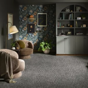 Dark gray Shaw Floors carpet in a botanical themed sitting room | Brooks Flooring Services Inc